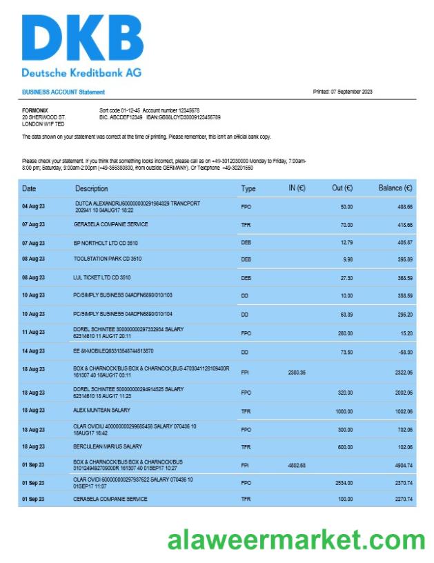 Deutsche Kreditbank organization checking account statement Word and PDF template